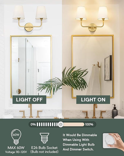 2 Light Bathroom Vanity Light, Brushed Gold Double Wall Sconce with Flared White Fabric Shade, Modern Sconces Wall Lighting for Hallway Bedroom Stairway, VL837-BG