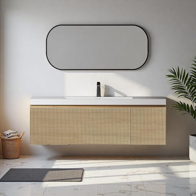 48'' Floating Bathroom Vanity with Sink, Wall-Mounted Bathroom Storage Cabinet with Soft-Close Striped Drawer, Cabinet Door & Solid Surface Basin, Natural Oak Body with Internal Handle, Wood