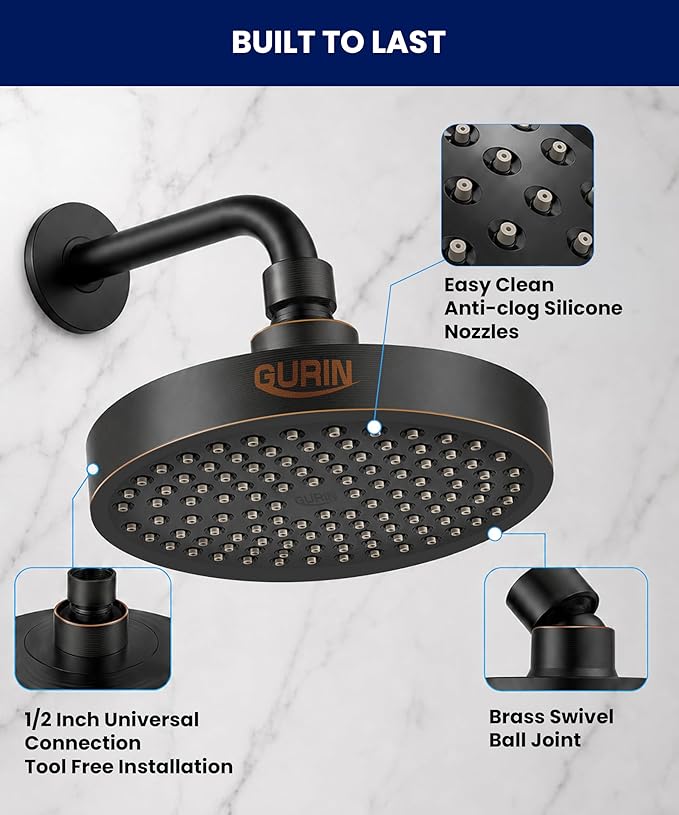 GURIN Shower Head - Luxury Oil Rubbed Black Finish - Rain Showerhead 6 Inch | High Pressure Shower Heads with Adjustable Angles, 90 Anti-Clog Nozzles, Tool-Free 1-Min Install