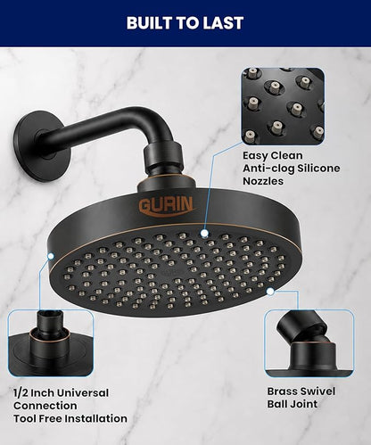 GURIN Shower Head - Luxury Oil Rubbed Black Finish - Rain Showerhead 6 Inch | High Pressure Shower Heads with Adjustable Angles, 90 Anti-Clog Nozzles, Tool-Free 1-Min Install
