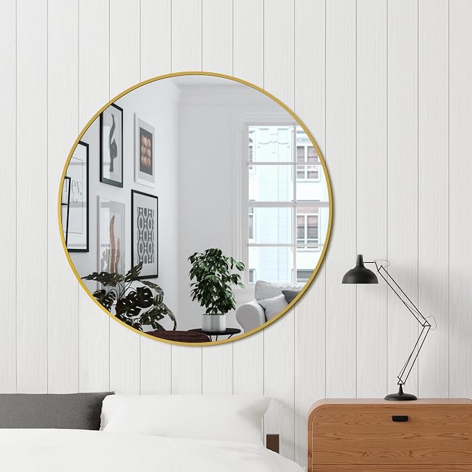 30 Inch Gold Round Circle Mirror for Bathroom Wall, Metal Frame | HD tempered glass for clear, distortion-free reflection. Mounting hardware included for vertical or horizontal wall mount.
