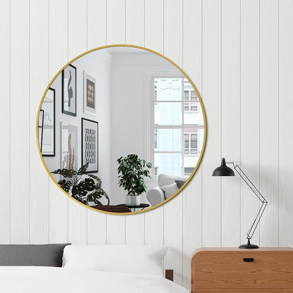 30 Inch Gold Round Circle Mirror for Bathroom Wall, Metal Frame | HD tempered glass for clear, distortion-free reflection. Mounting hardware included for vertical or horizontal wall mount.