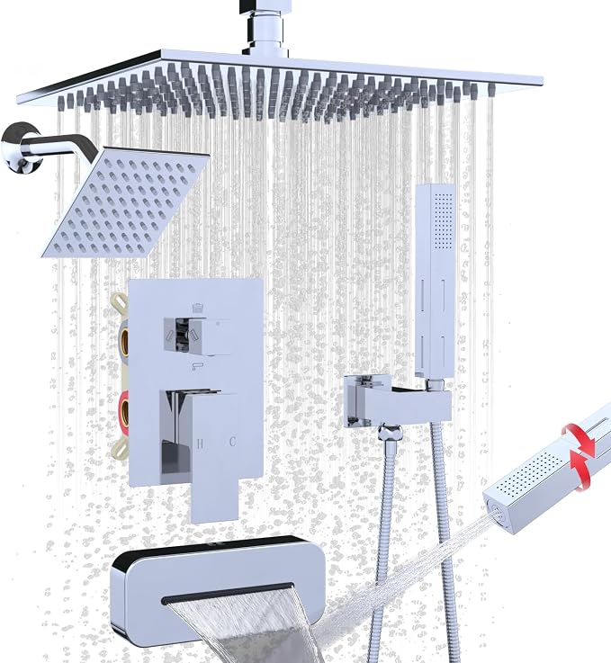 Enga Dual Shower Head System with Tub Spout, Ceiling Mount 10 Inch Shower Head with 6 Inch Wall Mount Shower Head, 4 Way Diverter Shower Faucet with 2 in 1 Handheld, Chrome
