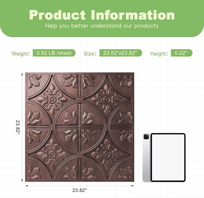 Art3d Drop Ceiling Tiles 2x2, Glue-up Ceiling Panel, Fancy Classic Style, Antique Copper | PVC, Lightweight, Waterproof, Easy to Wipe Clean, Compatible with Grid System, Suitable for Kitchen, Bathroom, Basement