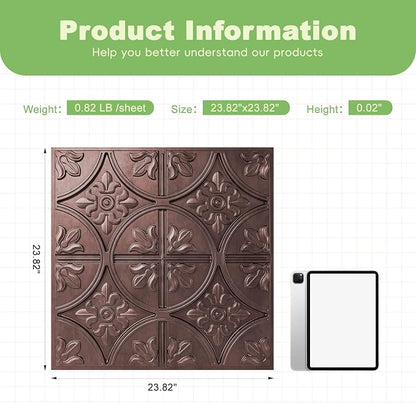 Art3d Drop Ceiling Tiles 2x2, Glue-up Ceiling Panel, Fancy Classic Style, Antique Copper | PVC, Lightweight, Waterproof, Easy to Wipe Clean, Compatible with Grid System, Suitable for Kitchen, Bathroom, Basement