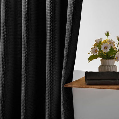 RiverDream Heavyweight Waffle No Hook Shower Curtain with Liner,Black,71x80 | Dotted Waffle,Snap-in Liner,Heavy Duty,Quick Dry,Mesh Top Window,With Bottom Magnets,Hotel-Grade,Washable,Long Size
