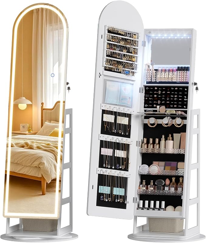 LVSOMT LED Arched Mirror Jewelry Cabinet Standing, Lockable Jewelry Armoire | 360° Swivel Full-Length Mirror with Storage, Large Jewelry Organizer Mirror, Foldable Makeup Shelf, Gift for Women, Black