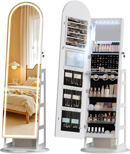 LVSOMT LED Arched Mirror Jewelry Cabinet Standing, Lockable Jewelry Armoire | 360° Swivel Full-Length Mirror with Storage, Large Jewelry Organizer Mirror, Foldable Makeup Shelf, Gift for Women, Black