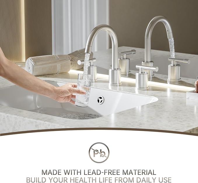 Phiestina Pull Out Brushed Nickel Bathroom Sink Faucet 8 inch - 3 Hole Pull-Down Sprayer Bathroom Faucet, Metal Pop-Up Drain, Water Supply Lines, 2 Handles for 3-Hole Sinks,WFZY01CL-BN