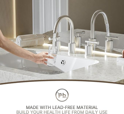 Phiestina Pull Out Brushed Nickel Bathroom Sink Faucet 8 inch - 3 Hole Pull-Down Sprayer Bathroom Faucet, Metal Pop-Up Drain, Water Supply Lines, 2 Handles for 3-Hole Sinks,WFZY01CL-BN