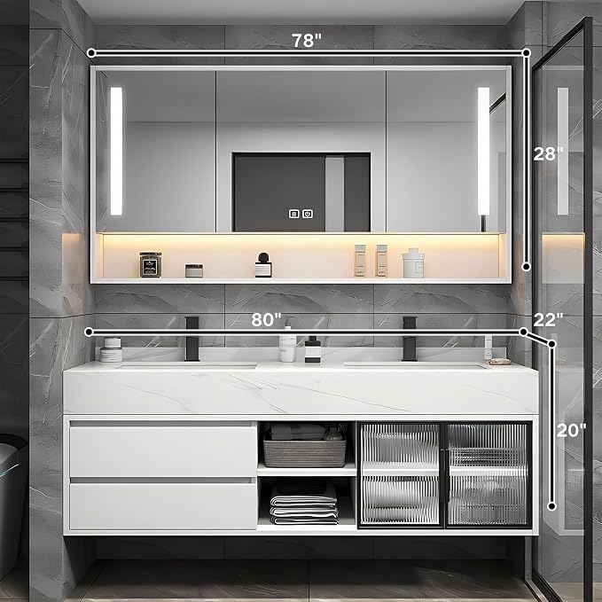 80" Double Sink Floating Bathroom Vanity,Bathroom Vanity with Sink Set Includes Open LED Smart Defog Mirror Cabinet, Modern Bath Vanity with Drawers,Wall-Mounted Bathroom Vanities,White