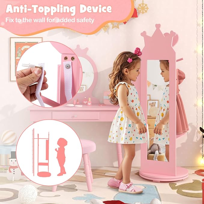 HONEY JOY Kids Jewelry Armoire Cabinet, 360 Degree Swivel Base Wooden Standing Jewelry Organizer w/Full-length Mirror and Clothes Rack, Children Dress Up Jewelry Cabinet for Little Girls (Pink)