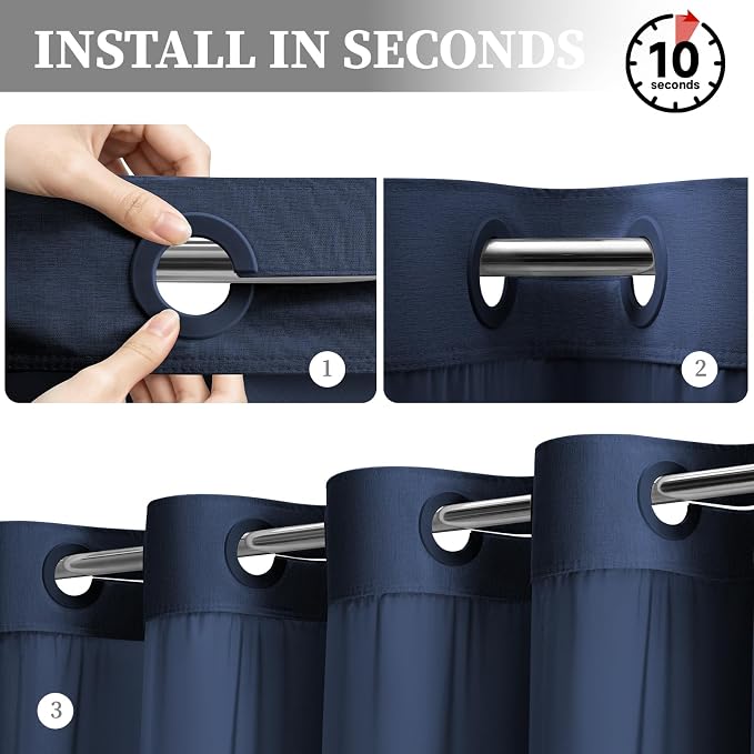 Navy Blue Ringless Linen Look Shower Curtain with Snap in Liner, 72x75 | 3 in 1 Hotel Shower Curtain Set, Removable Liner, Waterproof & Washable, Mesh Top Window, Durable Fabric, Easy to Install