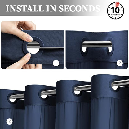 Navy Blue Ringless Linen Look Shower Curtain with Snap in Liner, 72x75 | 3 in 1 Hotel Shower Curtain Set, Removable Liner, Waterproof & Washable, Mesh Top Window, Durable Fabric, Easy to Install
