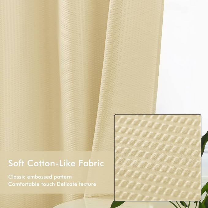 No Hook Shower Curtain with Snap-in Fabric Liner 71x74, Beige | Embossed Waffle-Look Textured, Sheer Window, Soft & Lightweight, Water Repellent Fabric Shower Curtain for Bathroom