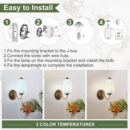 Vintage Gold Milk Glass Wall Sconce, Wall Light Set of Two - Vintage Mint Blue Shade & Brass Finish Base, Indoor Hardwired Wall Lighting Fixture for Foyers, Bedroom, etc (Bulbs Included)- Milk Blue