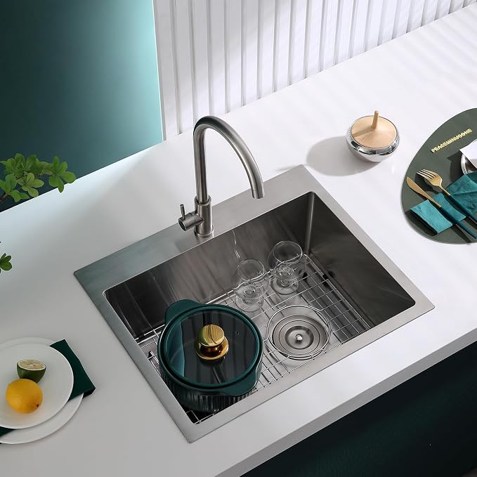 Brushed Topmount Kitchen Sink - 24”×18” Single Bowl Sink, Sink Grid | 9 Inch Deep Handmade Bar Sink with Strainer, Stainless Steel 304, Right Side Drain, X-Groove Drainage, Sound-Dampening Pad