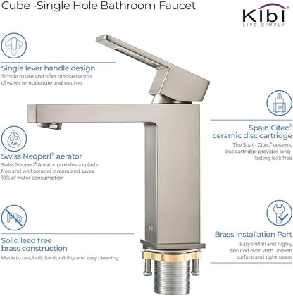 Solid Brass Single Handle Bathroom Sink Faucet with Pop-Up Drain, High Arc Cubic Spout Lavatory Faucet | Corrosion-Resistant, Modern Design, Easy to Install (Brushed Nickel, KBF1002)