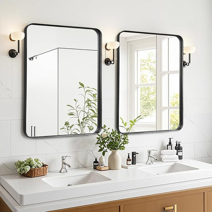Black Bathroom Vanity Mirror Over Sink 28x36, Large Wall Mounted Mirror | Fabuday Matte Metal Framed Rectangular Big Mirror for Living Room, Bedroom, Entryway Decor, Rounded Rectangle Design
