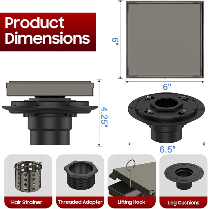 DLONE® Shower Drain | 6 Inch Gun Gray with Tile Insert Panel | Square Shower Drain, with Hair Catcher, Shower Floor Drain Fits Bathroom & Balcony etc