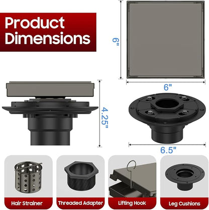 DLONE® Shower Drain | 6 Inch Gun Gray with Tile Insert Panel | Square Shower Drain, with Hair Catcher, Shower Floor Drain Fits Bathroom & Balcony etc