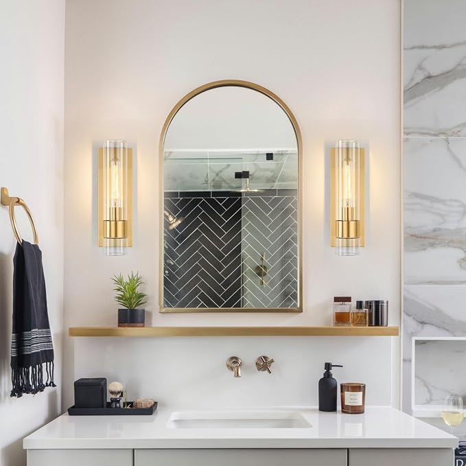 Gold Wall Sconces Set of 2, Modern Bathroom Sconces Wall Lighting Vanity Light Fixtures with Clear Glass, Bathroom Sconces Set of 2, Indoor Wall Sconce for Bathroom Living Room Bedroom