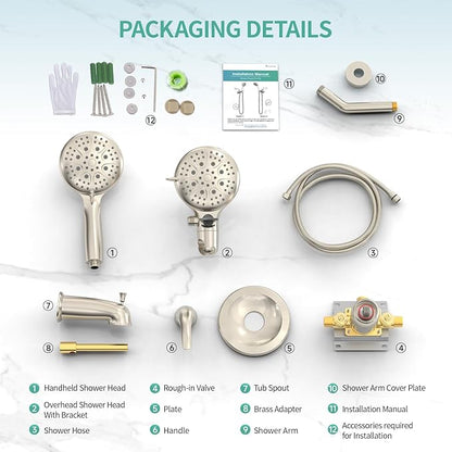 SR SUN RISE Shower System with Tub Spout Rain Shower Tub Set, High Pressure 35-Function Dual 2-in-1 Shower Combo Faucet with Valve, Patented 3-Way Water Diverter in Brushed Nickel (Valve Included)