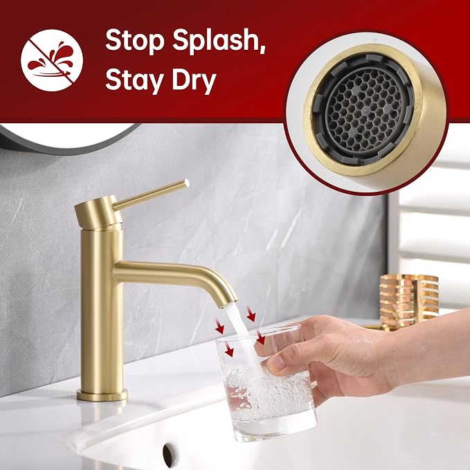 SUMERAIN Bathroom Sink Faucet Brushed Gold Single Handle Single Hole | Lead-Free, Stainless Steel, with Faucet Supply Lines, Easy DIY Install