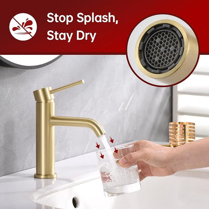 SUMERAIN Bathroom Sink Faucet Brushed Gold Single Handle Single Hole | Lead-Free, Stainless Steel, with Faucet Supply Lines, Easy DIY Install