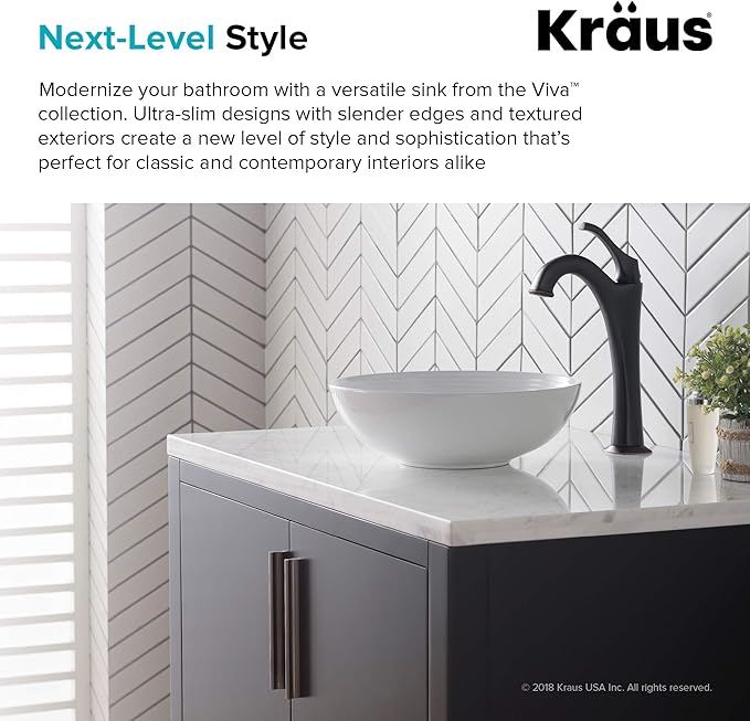 KRAUS Viva™ Round White Porcelain Ceramic Vessel Bathroom Sink, 13 in. D x 4 3/8 in. H, KCV-204GWH