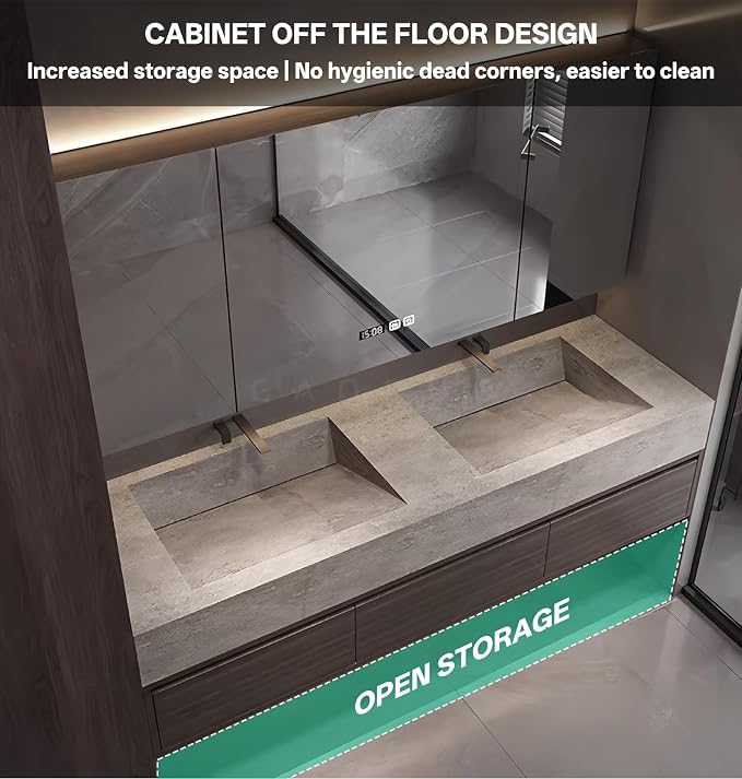 Double Sink Bathroom Vanity, Wood Looking Bath Vanity Includes Smart Anti-Fog Mirror Cabinet, Slate Countertop and One-Piece Sink, Wall Mounted Vanities with Soft-Close Drawers (Dark Walnut,96")