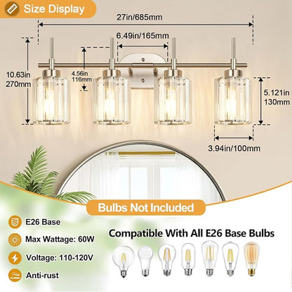 Modern Crystal Vanity Light Fixtures, 4-Light Brushed Nickel Bathroom Vanity Lighting Over Mirror, Bathroom Light Fixture with K9 Clear Crystal Shades for Bedroom, Living Room, Hallway