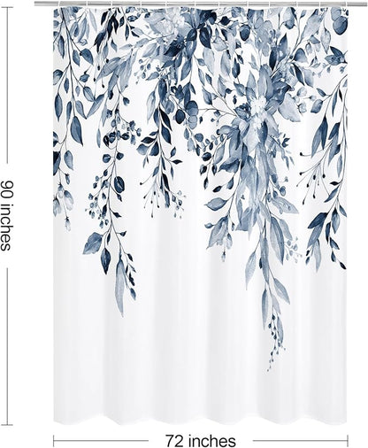 Navy Eucalyptus Shower Curtain, Watercolor Floral Print, 72x90 | Watercolor Plant Leaves Floral Print, Waterproof Fabric Bathroom Decor, Machine Washable, Rustproof Grommets