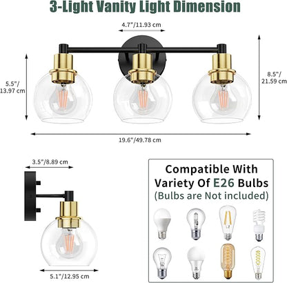 3 Light Bathroom Light Fixtures, Black and Gold Bathroom Vanity Lights, Modern Vanity Lights 3-Light Globe Bathroom Vanity Lighting Fixture Over Mirror