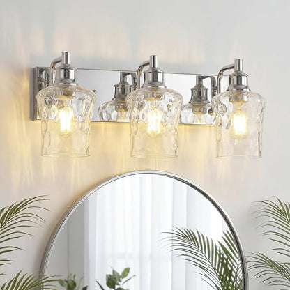 Farmhouse Chrome Vanity Light, 3 Light | Bathroom Lighting Fixtures, Over Mirror, Hammered Glass Lampshade, For Cabinet Mirror Bedroom Hallway