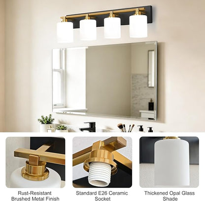 Black and Gold Bathroom Light Fixture, Modern 4 Light Vanity Lights for Bathroom Lighting Fixtures Over Mirror, White Glass Lampshade, Master & Guest bathrooms Bathroom Remodel, 27.5-inch