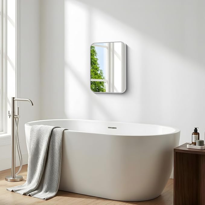 BONEWEI Silver Bathroom Mirror,16x20 inch Wall Mirror for Bathroom Wall Mounted,Rectangle Mirror for Bathroom Over Sink,Modern Frame Round Corner for Living Room,Bedroom Entryway,Horizontal/Vertical
