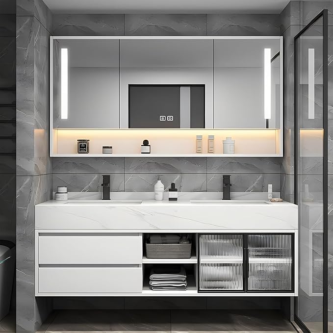 80" Double Sink Floating Bathroom Vanity,Bathroom Vanity with Sink Set Includes Open LED Smart Defog Mirror Cabinet, Modern Bath Vanity with Drawers,Wall-Mounted Bathroom Vanities,White