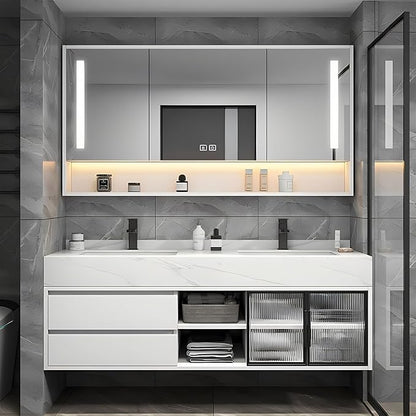 56" Double Sink Floating Bathroom Vanity,Bathroom Vanity with Sink Set Includes Open LED Smart Defog Mirror Cabinet, Modern Bath Vanity with Drawers,Wall-Mounted Bathroom Vanities,White