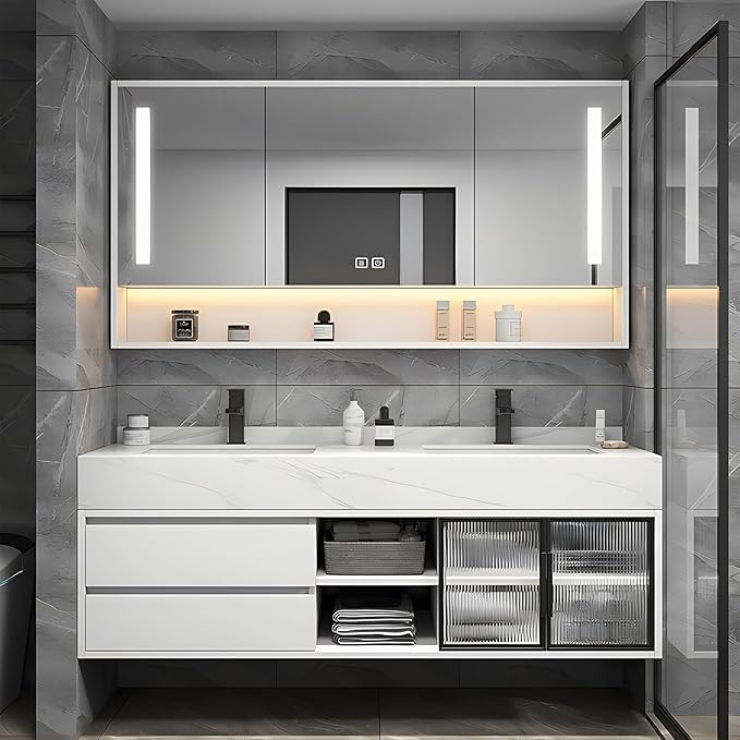 60" Double Sink Floating Bathroom Vanity,Bathroom Vanity with Sink Set Includes Open LED Smart Defog Mirror Cabinet, Modern Bath Vanity with Drawers,Wall-Mounted Bathroom Vanities,White
