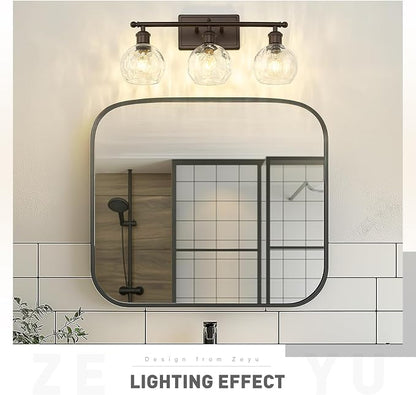 zeyu Farmhouse 3 Light Vanity Lighting, 21.4'' Bathroom Mirror Wall Light, Oil Rubbed Bronze Finish with Clear Hammered Globe Glass, ZJF63BG-3W ORB-WG