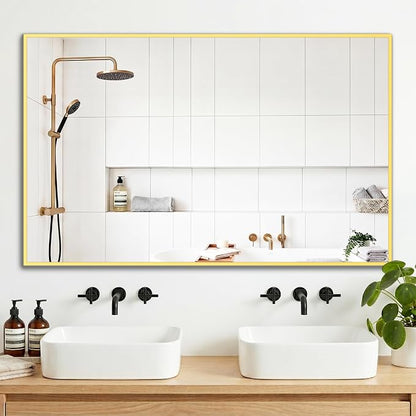 Bathroom Mirror for Wall, 48"x30" Gold Vanity Mirror | Sturdy Rectangular Metal Frame, HD Tempered Glass, Hangs Horizontally or Vertically in Bedroom, Living Room, Entryway