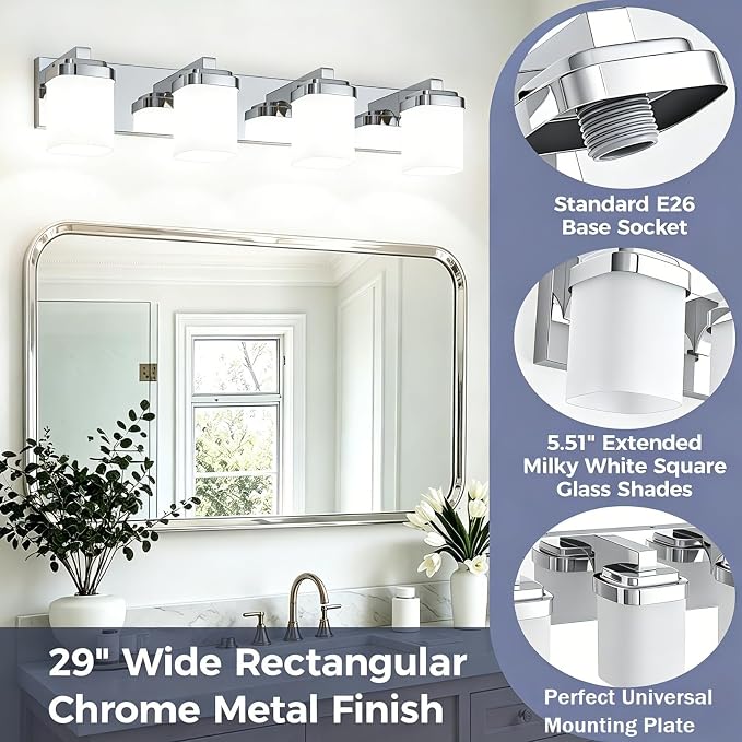 Modern Bathroom Vanity Lights, Bathroom Light Fixtures Over Mirror | 4-light chrome light fixture bathroom with milky white square glass shade, 29" farmhouse lighting fixtures lights for wall