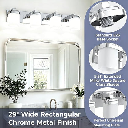 Modern Bathroom Vanity Lights, Bathroom Light Fixtures Over Mirror | 4-light chrome light fixture bathroom with milky white square glass shade, 29" farmhouse lighting fixtures lights for wall