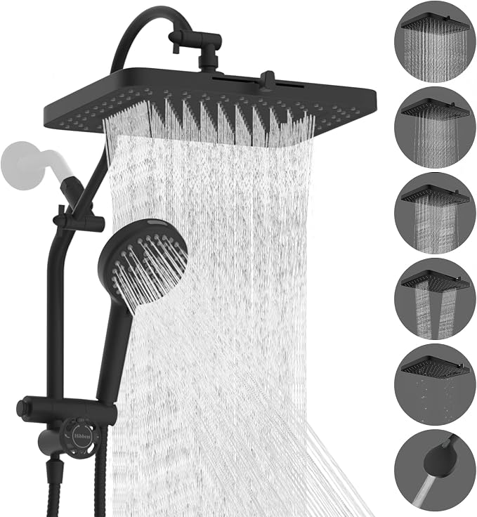 Hibbent cUPC Certified High Pressue 13'' Rainfall Shower Head with 5-Spray | Shower Heads with Handheld 10-Spray Combo, All Metal Easy Reach 4-way Diverter Arm, 71'' Hose & Holder, Matte Black