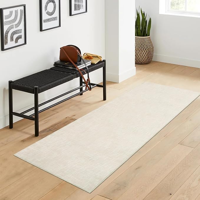 Garvee Textured Entryway Rugs 2x6 Modern Solid Washable Runner Rug, Beige | Non Slip Non Shedding Stain Resistant Neutral Low Pile Foldable Thin Rug for Kitchen Bedroom Hallway Bathroom