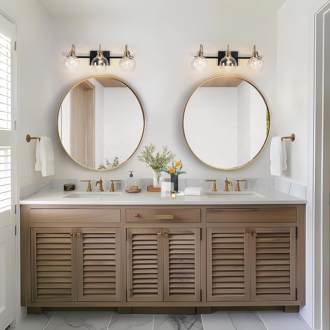 KSANA Black Gold Vanity Light, Modern 3-Light Bathroom Light Fixture with Clear Glass Globes, Electroplating Brass 22”L Vanity Lighting Over Mirror