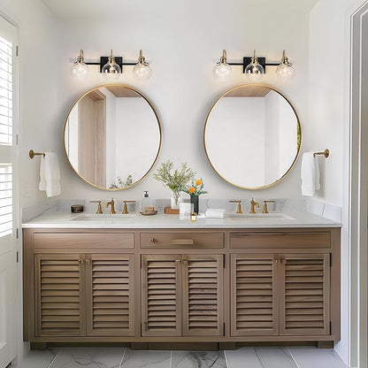 KSANA Black Gold Vanity Light, Modern 3-Light Bathroom Light Fixture with Clear Glass Globes, Electroplating Brass 22”L Vanity Lighting Over Mirror