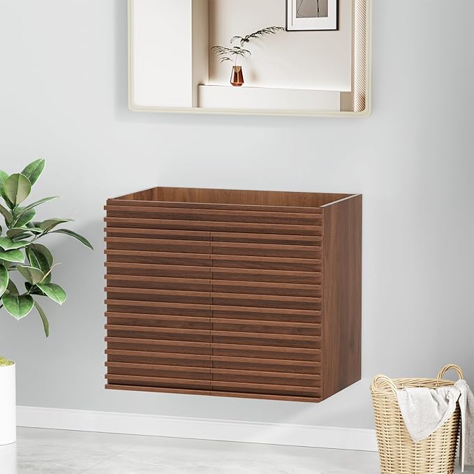 ROOMTEC 30" Bathroom Vanity, Mid-Century Wall Mounted Floating Cabinet with 2 Closing Doors, Wood Grain Texture, Walnut (Sink Basin Not Included)
