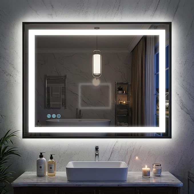 Antok 30X36 LED Bathroom Mirror with Lights, Vanity Mirror for Wall with Black Frame, Touch Control, Anti-Fog, Dimmable Lights, Shatter-Proof, Memory Function, Wall-Mounted Vanity Mirrors